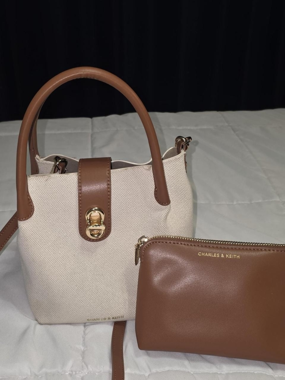 Charles & Keith Cream Canvas Mini Tote with Brown Leather Trim and Pouch